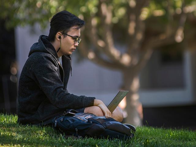 young adult man using laptop on grass outdoors